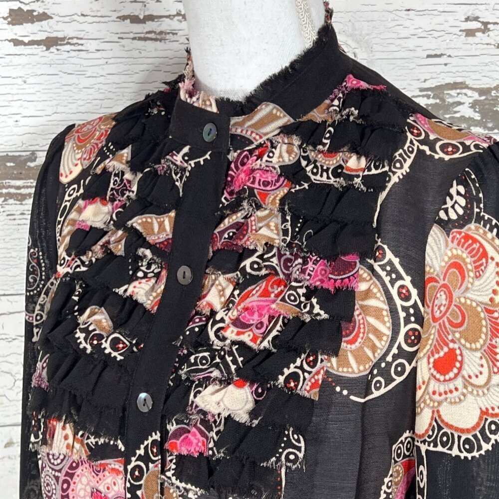 TRINA TURK Silk Blend Floral Button Up Blouse Long Sleeve in Black Sz 4 EUC - Picture 2 of 5